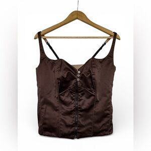 Y2K Brown Satin Boned Corset Bustier Zip Front Top